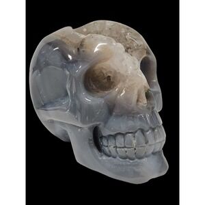 3 " Grey Agate Geode Carved Crystal Skull Realistic Gemstone Carving